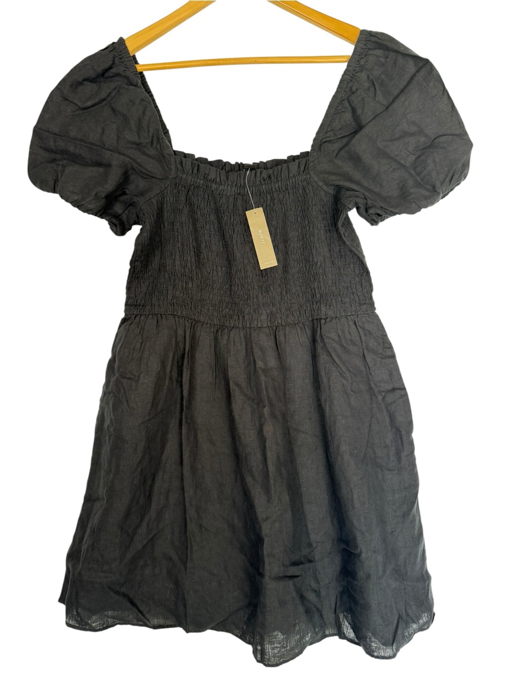 J.Crew Puff-sleeve smocked linen mini dress, black, LARGE NWT